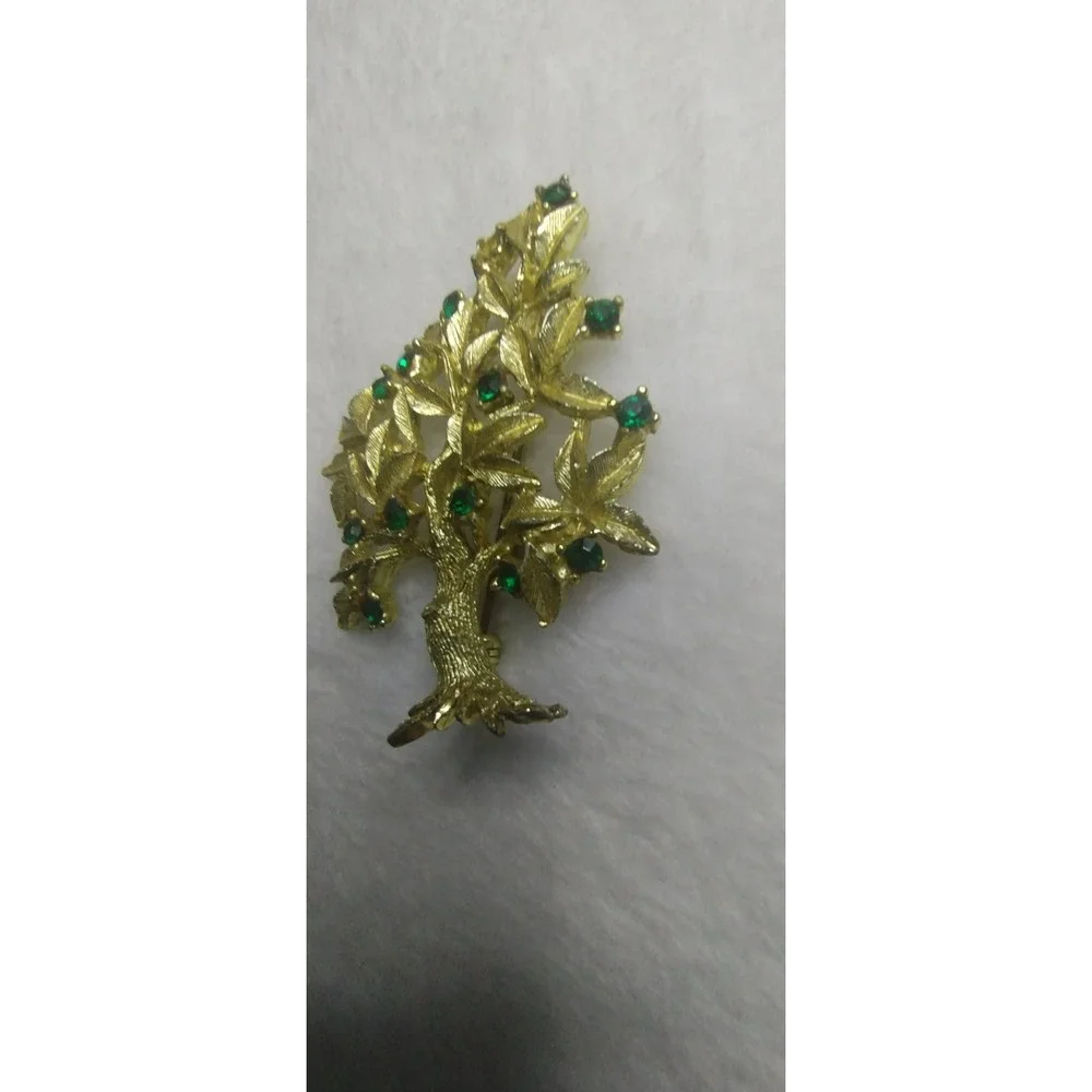 Dodds‎ Vintage Tree of Life Brooch Gold Tone Emerald Green Rhinestone Pin
